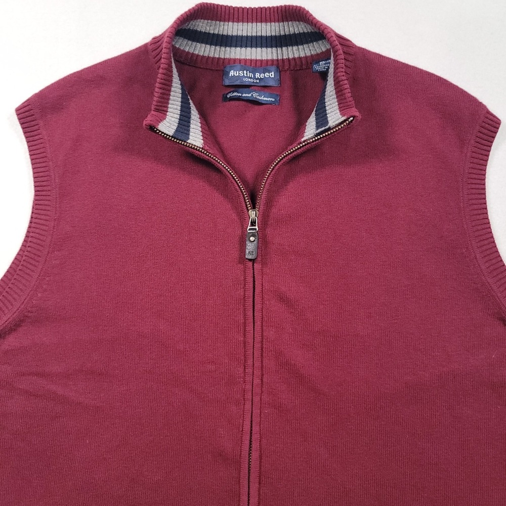 Austin‎ Reed Men Full Zip Sweater Vest XL Cotton Cashmere Burgundy Mock Neck
